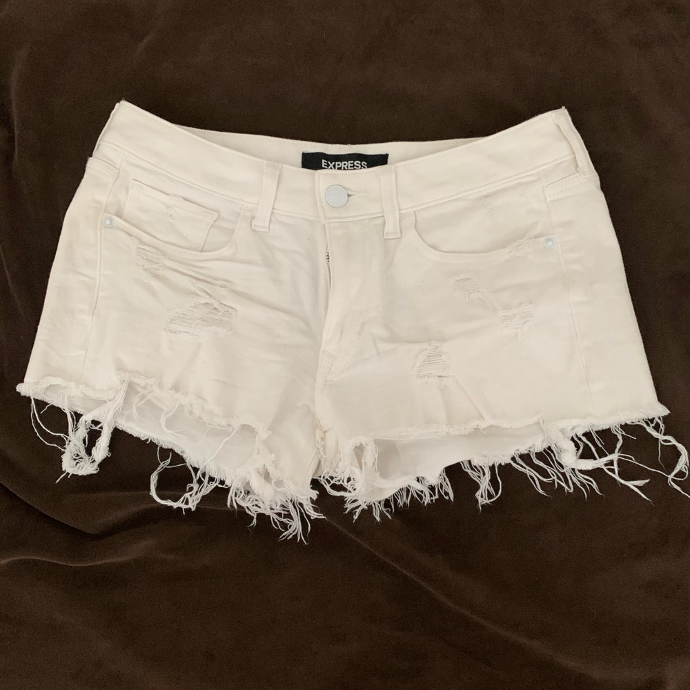 White Express Distressed Shorts
